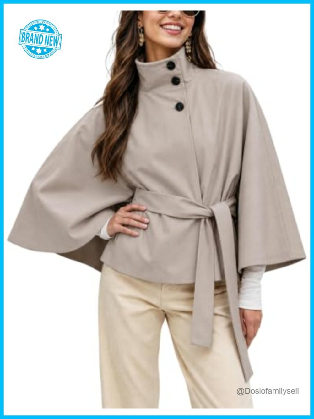 Womens Cape Trench Jacket Button Front Belted Short Coat